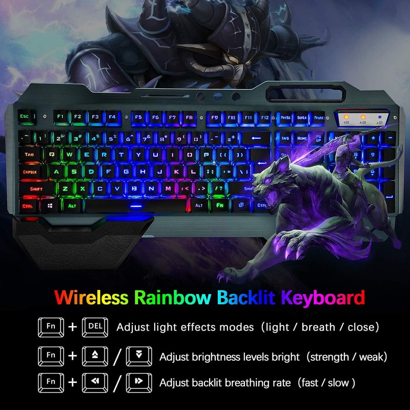 LexonElec Wireless Gaming Keyboard and Mouse,Rainbow Backlit Rechargeable Keyboard Mouse with 3800mAh Battery Metal Panel,Removable Hand Rest Mechanical Feel Keyboard and 7 Color Gaming Mute Mice for PC Gamers - Image 2